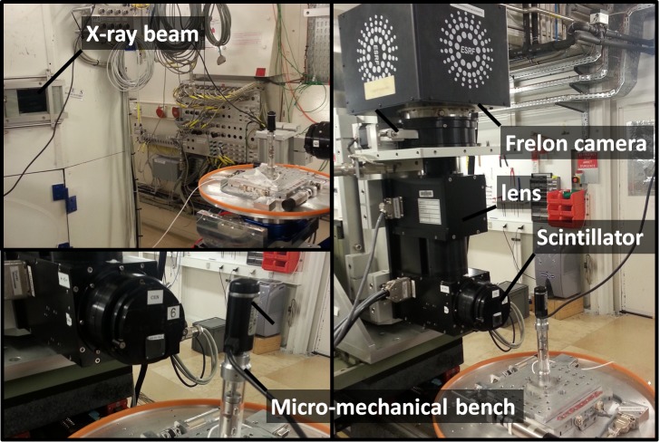 Experimental setup at synchrotron radiation facility at ESRF Grenoble, France showing the tensile testing equipment and the X-ray micro-tomography imaging system.