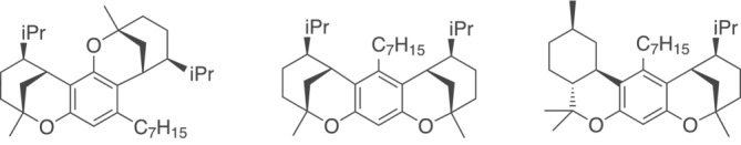 Examples of disubstituted bridged molecules. o,‐p‐disubstitution (left) and o‐,o‐disubstitution (mid) and a mixed form (right).