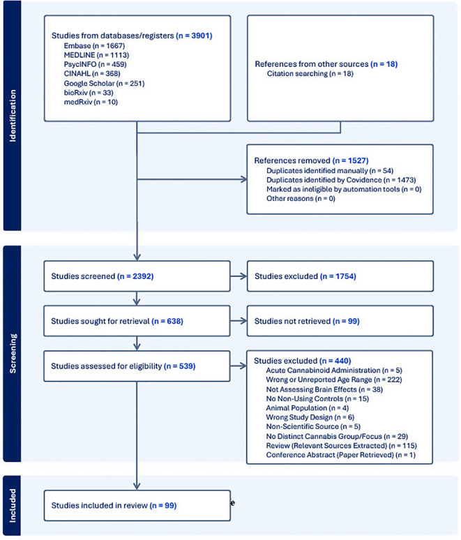 Flowchart of a systematic review process. Identification phase shows 3,901 studies from databases and 18 from other sources. After removing 1,527 duplicates, 2,392 studies were screened. Screening excluded 1,754 studies. Of 638 sought for retrieval, 99 were not retrieved. Eligibility assessment involved 539 studies, excluding 440 for reasons like age range, focus, and study design. Finally, 99 studies were included in the review.