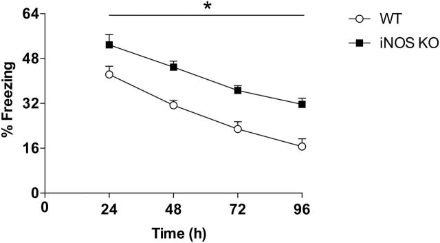 Evaluation of extinction of contextual fear conditioning (CFC) in inducible nitric oxide synthase (iNOS) knockout (KO) mice. iNOS KO mice presented increased fear behavior compared with wild type (WT) (n=10/group) during all sessions. Results are expressed as means±SEM. *P<.05, main effect of time and genotype.