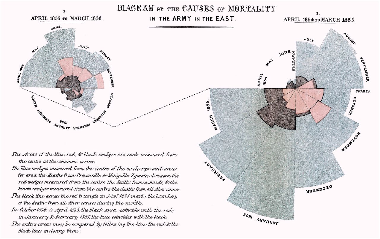 Florence Nightingale rose diagram illustrated the causes of death in the British Army. 1858.