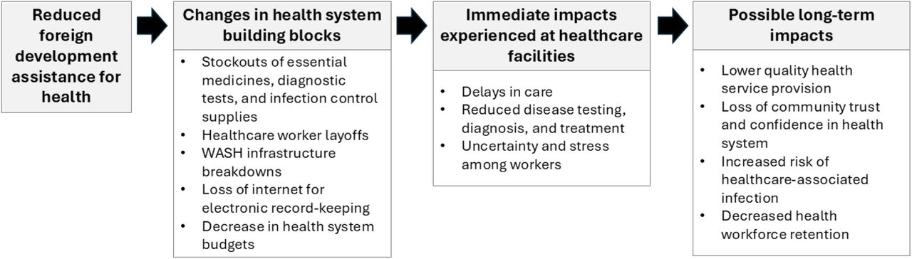 Conceptual framework for changes in health system building blocks, downstream impacts at healthcare facilities, and potential consequences for health arising from reductions in US foreign development assistance.