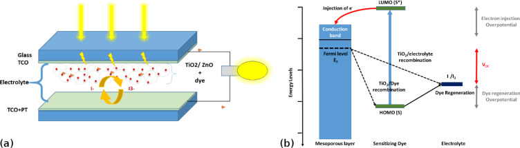 (a) Principle of operation and (b) energy level diagram of a typical DSSC.