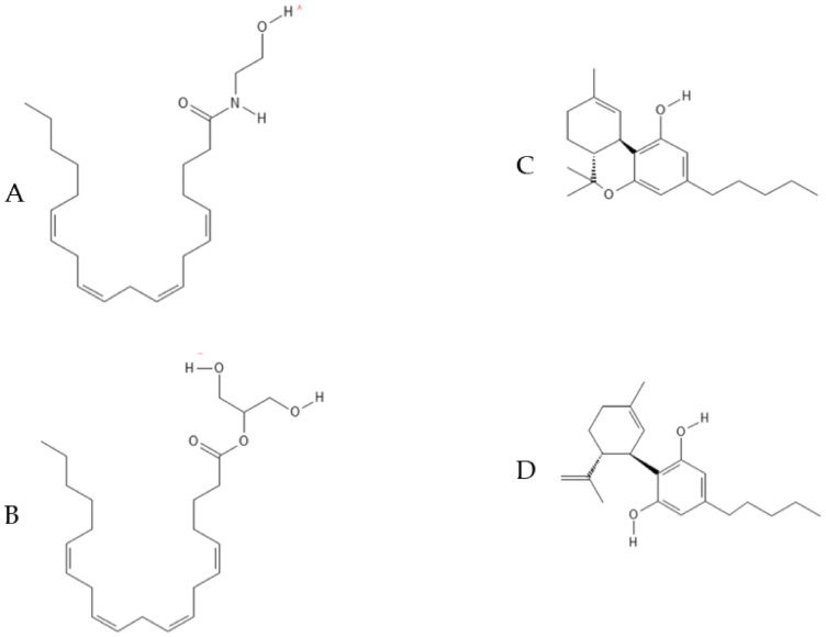 Chemical structure of the previously mentioned cannabinoids. (A) Anandamide (AEA); (B) 2-arachidonoyl glycerol (2-AG); (C) Δ9-tetrahydrocannabinol (THC); (D) cannabidiol (CBD).