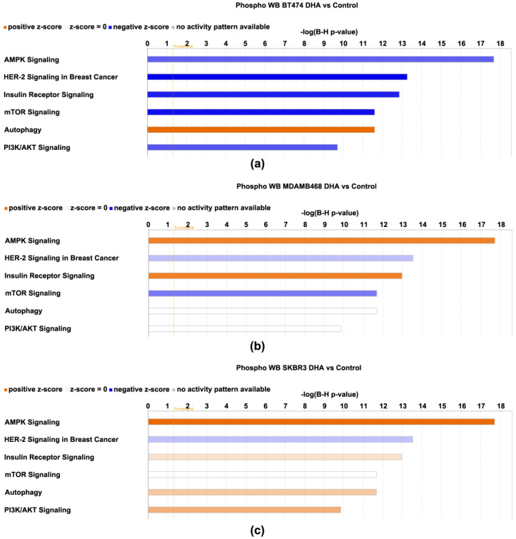 Canonical pathways affected by 4-oxo-DHA as predicted by the phosphoproteome data sets listed in Table 1, Table 2, Table 3 and Table 4. Canonical pathways shown for cell line (a) BT474, (b) MDAMB468, and (c) SKBR3. The −log(B-H p-values) is the multi = comparison-adjusted probability that the association between the protein expression set and the canonical pathway is due to chance. The direction of the differences in expression between the treatment and the control for each protein component was compared to that tabulated in the IPA knowledge basis (>80,000 database entries) that support the canonical pathways that have been annotated and a z-score was computed. A z-score ≤ −2 indicates the pathway is inhibited and ≥2 that the pathway is activated. If the z-score is between −2 and 2, no prediction of inhibition or activation is deduced. Shades of red indicate that the pathway was activated by treatment with 4-oxo-DHA; greater color intensity indicates stronger evidence of activation. Shades of blue indicate that the pathway was inhibited by treatment with 4-oxo-DHA; greater color intensity indicates stronger evidence of inhibition. The absence of coloration indicates that the evidence was not strong enough to permit a prediction of pathway status.