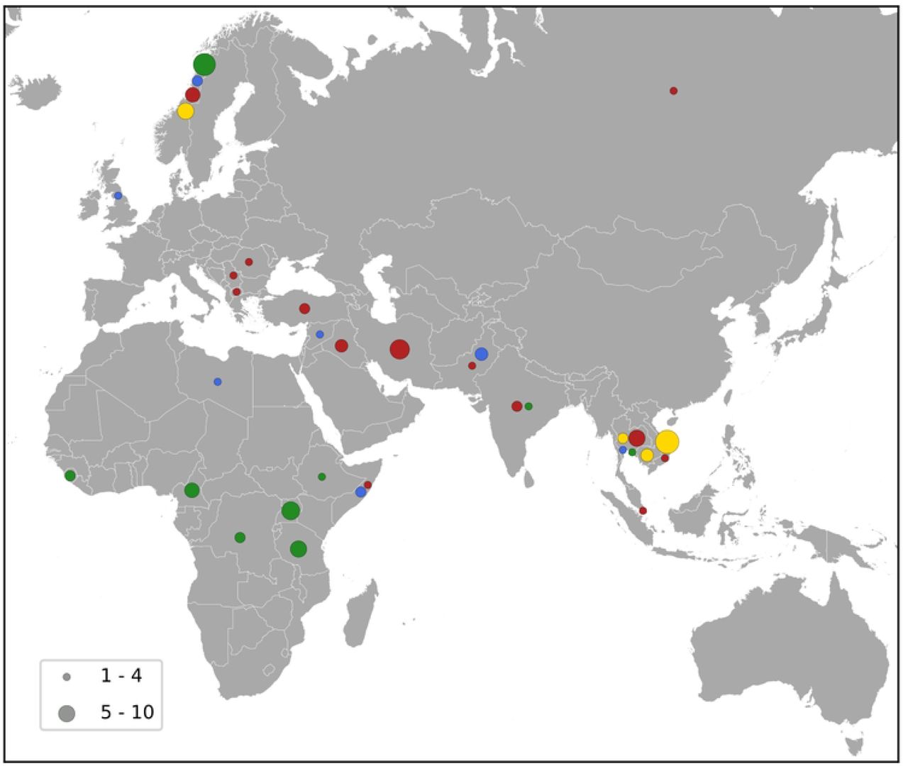 Map showing the country of aquisition for the major MDR-MRSA clones.The major clones include t1476 (green), t127 (blue), t189 (yellow) and t030/t037 (red), and the number of strains is indicated by the size of the circles as shown by the key.