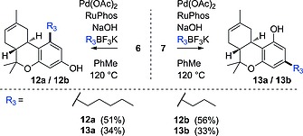 The Suzuki–Miyaura cross‐coupling of isomers 6 and 7 to give Δ8‐THC (derivatives) using sp3‐hybridized organotrifluoroborate substrates.