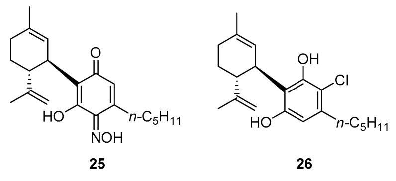 Structure of hydroxyiminodienone (25) and chlororesorcinol (26), resulting from treatment of CBD (7) with the Takehira reagent.