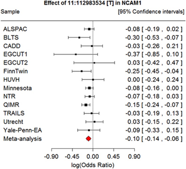 Forest plot for the top-SNP rs4471463 in the NCAM1 gene on chromosome 11. SNP, single-nucleotide polymorphism.