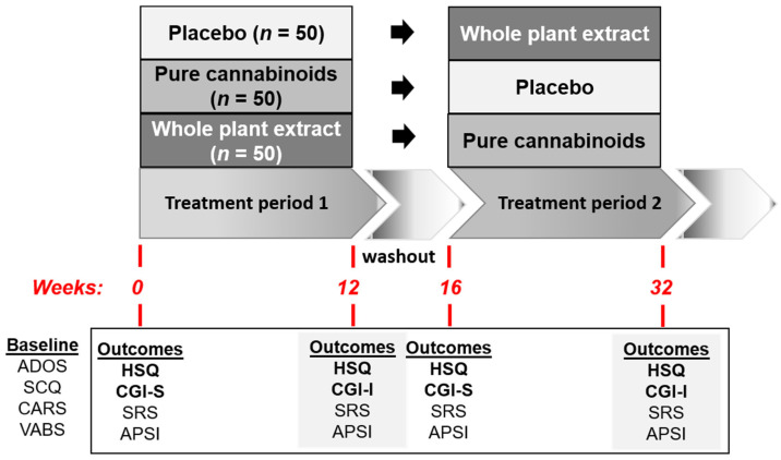 Schematic representation of study design. ADOS—Autism Diagnostic Observation Schedule; APSI—Autism Parenting Stress Index; CARS—Childhood Autism Rating Scale; CGI-S, CGI-I—Clinical Global Impression-Severity, Clinical Global Impression-Improvement; HSQ—Home Situation Questionnaire; SCQ—Social Communication Questionnaire; SRS—Social Responsiveness Scale; VABS—Vineland Adaptive Behavior Scale.