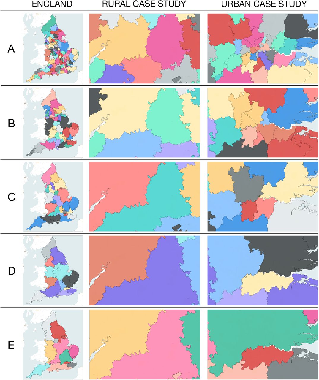 Geographic representation of the catchment areas produced from Markov Multiscale Community detection for each of the five stable partitions (A-E). The left-hand column shows the distribution of catchment areas across England, while the middle and right-hand columns show catchment area allocation for the rural and urban case studies respectively.