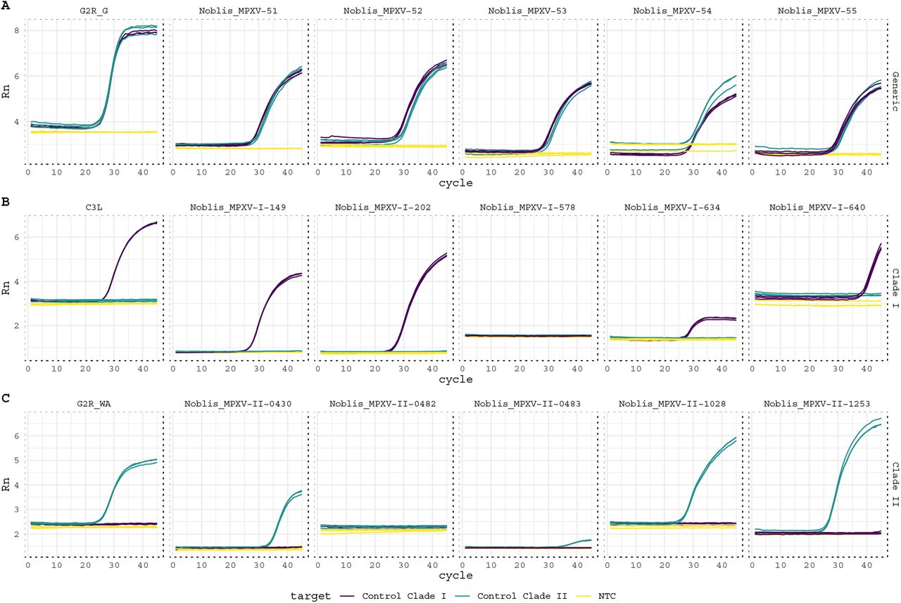 Amplification plots. Subplot rows indicate the intended target of each assay, with A, B, and C corresponding to generic pan-clade, Clade I, and Clade II.