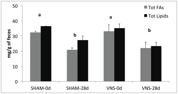 Total fatty acids (Tot FAs) and total lipids (Tot Lipids) in feces before (0d) and after treatment (28d) of sham-operated and subjected to VNS rats.Data are means ± SEM for four animals per group. Different letters denote significant differences (P<0.05).