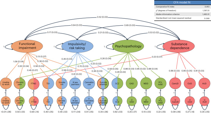 gSEM.gSEM was used to cluster 14 traits correlated with CanUD. Exploratory and confirmatory factor analysis indicated four factors fit the data best. Factors fit mostly into categories that we designated as functional impairment (factor 1), impulsivity and risk taking (factor 2), psychopathology (factor 3) and substance dependence (factor 4). CanUD fit best (and strongly) in the substance dependence cluster. FTND fit into factors for functional impairment and substance dependence. Suicide attempts fit into functional impairment, impulsivity and risk taking, and psychopathology. Numbers outside the parenthesis are correlation coefficients between factors. Numbers inside parenthesis are stadard errors of means. Smoke init, initiation of regular smoking; GAD, generalized anxiety disorder; OUD, opioid use disorder.