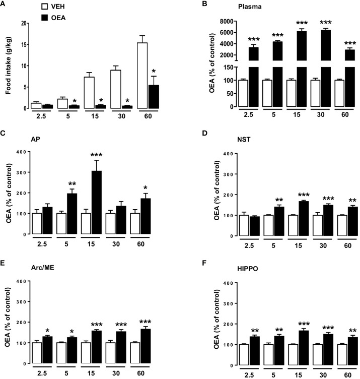 Effects of peripheral OEA administration on food intake, plasma and brain distribution of OEA at different time points. Food intake (normalized to body weight, g/kg; A) of rats sacrificed at different time points (2.5, 5, 15, 30, 60 min), treated with either vehicle VEH or OEA (10 mg kg-1, i.p.) (n=8 per group). Data are expressed as mean ± SEM. *p<0,05 vs VEH at the same time point (Student’s t-test with Bonferroni’s correction for multiple comparisons). OEA levels expressed as % with respect to the average levels observed in VEH treated animals (controls) sacrificed at the same time-point considered for OEA treatment. Data refers to plasma (B), area postrema (AP; C), nucleus of the solitary tract (NST; D), arcuate nucleus/median eminence (Arc/ME; E) and hippocampus (HIPPO; F) of rats sacrificed at different time points (2.5, 5, 15, 30, 60 min) after acute administration of OEA (10 mg kg-1, i.p.) or vehicle (VEH). Data are expressed as mean ± SEM. * p<0,05, ** p<0,01 *** p<0,001 vs VEH in the same time point (Tukey’s test; n=6-8).