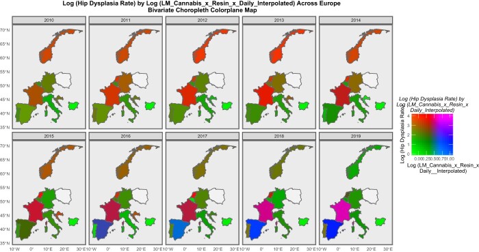 Bivariate colorplane sequential map graph series of log rates of hip dysplasia anomalies by cannabis resin THC concentration:last month cannabis use:daily cannabis use interpolated across Europe for studied nations. Relative rates are as described in the colorplane key