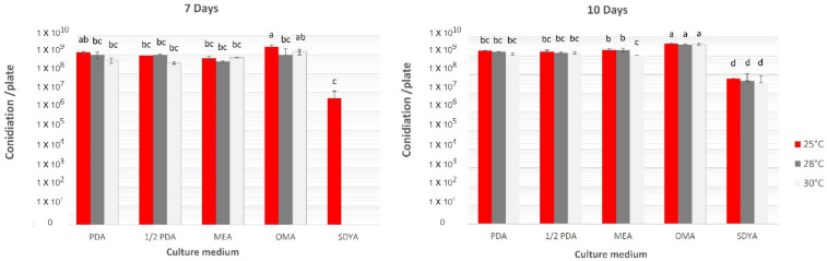 Conidiation of Metarhizium sp. BCC 4849 on difference culture media incubated at 25, 28, and 30 °C at days 7 and 10. Data shown are mean ± s.e.m. Different letters indicate statistical significance among the treatments (Tukey’s HSD, p < 0.05).