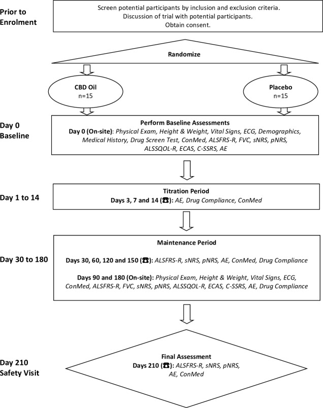 Summary of study procedures. AE, adverse event; ALSFRS-R, ALS Functional Rating Scale-Revised; ALSSQOL, ALS specific quality of life-Revised; CBD, cannabidiol; ConMed, concomitant medication; C-SSRS, Columbia-Suicide Severity Rating Scale; ECAS, Edinburgh Cognitive and behavioural ALS Screen; FVC, forced vital capacity; pNRS, Numeric Rating Scale for pain; sNRS, Numeric Rating Scale for spasticity.
