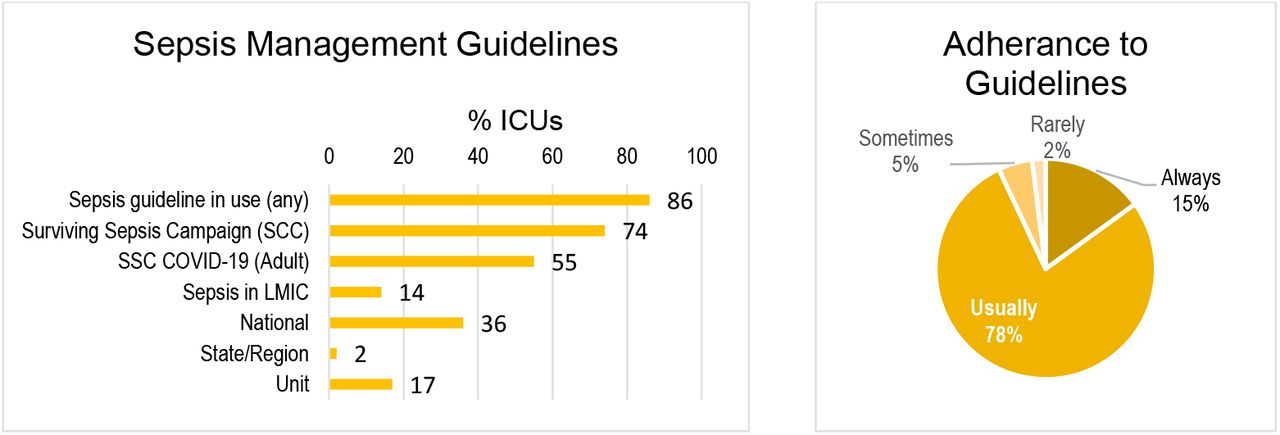 Sepsis guidelines used and adherence in participating ICUs, Asia Pacific region