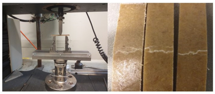 Sample picture of flexural testing samples (composite samples with 30 wt% fibre content) showing the cracks formed from the tensile sides.