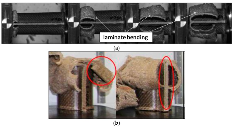 Results of failure mechanisms for V5 and V10 materials. (a) Laminate bending mechanism for V5_c during a crash test. (b) Rear and front part of V10_c specimen crashed.