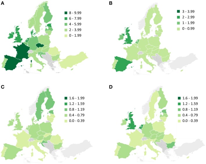 Previous 12 month prevalence of drug use among adults (15–64 years old) for: (A) cannabis; (B) cocaine; (C) amphetamines; and (D) ecstasy. Adapted from maps available in www.emcdda.europa.eu. Additional information regarding the studies leading to these results, such as the date when surveys were conducted, are presented in Supplementary Material.