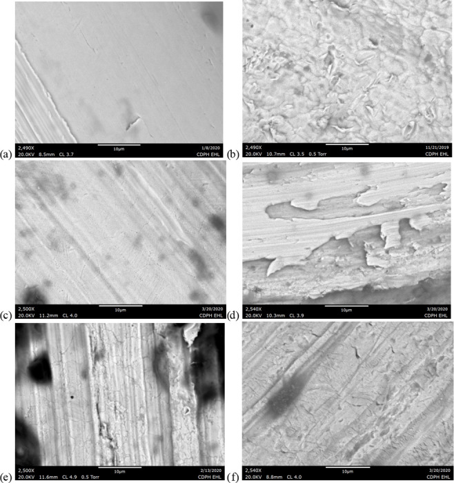 2,500x SEM images of metal surface conditions in new and used wires.a) used JUUL filament. b) new Cell wire lead. c) used CCell filament from EVALI patient d) used CCell wire lead. e) used TKO filament from EVALI patient. f) used TKO wire lead.