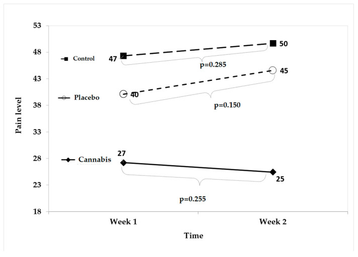 Comparison of pain levels between the Cannabis, Placebo, and Control groups one week after reaching the maximum tolerated dose. No statistically significant differences were observed (p > 0.05).