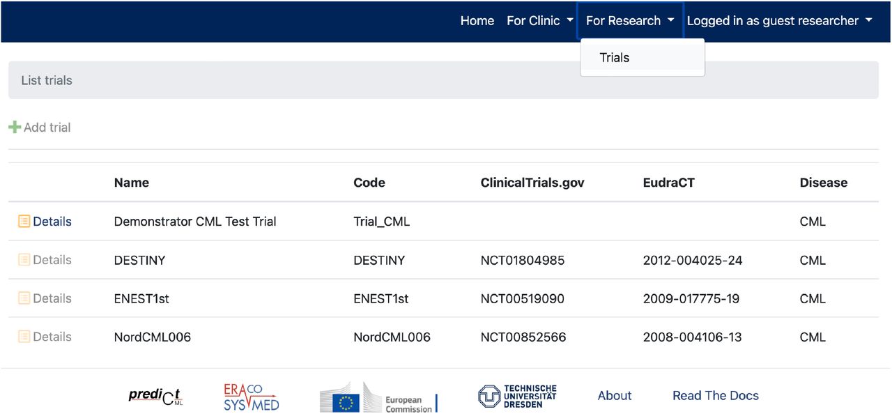 Research view – List of collected trials:Dependent on permission, the user can retrieve the detailed information of a trial, here the guest researcher is only able to retrieve the pseudonymized data and computer analyses of the “Demonstrator CML Test Trial”.