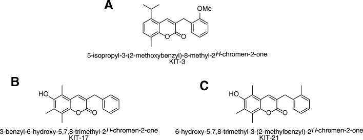 Molecular structure of the synthesized compounds a KIT 3: 8-isopropyl-3-(2-methoxybenzyl)-5-methyl-2H-chromen-2-one, MW = 336,1725 g/mol. b KIT 17: 3-benzyl-6-hydroxy-7,8-dimethyl-2H-chromen-2-one, MW = 294,1256 g/mol. c KIT 21: 6-hydroxy-7,8-dimethyl-3-(2-methylbenzyl)-2H-chromen-2-one, MW = 308,1412 g/mol