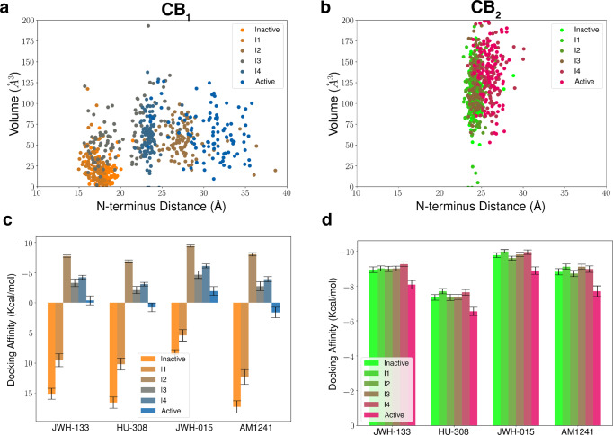 Binding pocket volume and docking calculations for metastable states of cannabinoid receptors.Binding pocket volumes for each metastable state of CB1 (a) and CB2 (b) are plotted against N-terminus distance as a scatter plot. Docking affinity (kcal/mol) of the four CB2 selective agonists for each metastable state of CB1 (c) and CB2 (d) are plotted as a bar plot. Docking and volume calculations were performed on 100 structures from each metastable state selected based on the MSM probabilities. Colors for CB1 metastable states change from orange to blue gradually from inactive to active state. Colors for CB2 metastable states change from green to magenta gradually from inactive to active state. For each protein structure, docking affinity is obtained as an average of top three dock poses. Error shown in docking calculations is the standard error which the standard deviation of docking affinity distribution obtained from 100 structures divided by 1002.