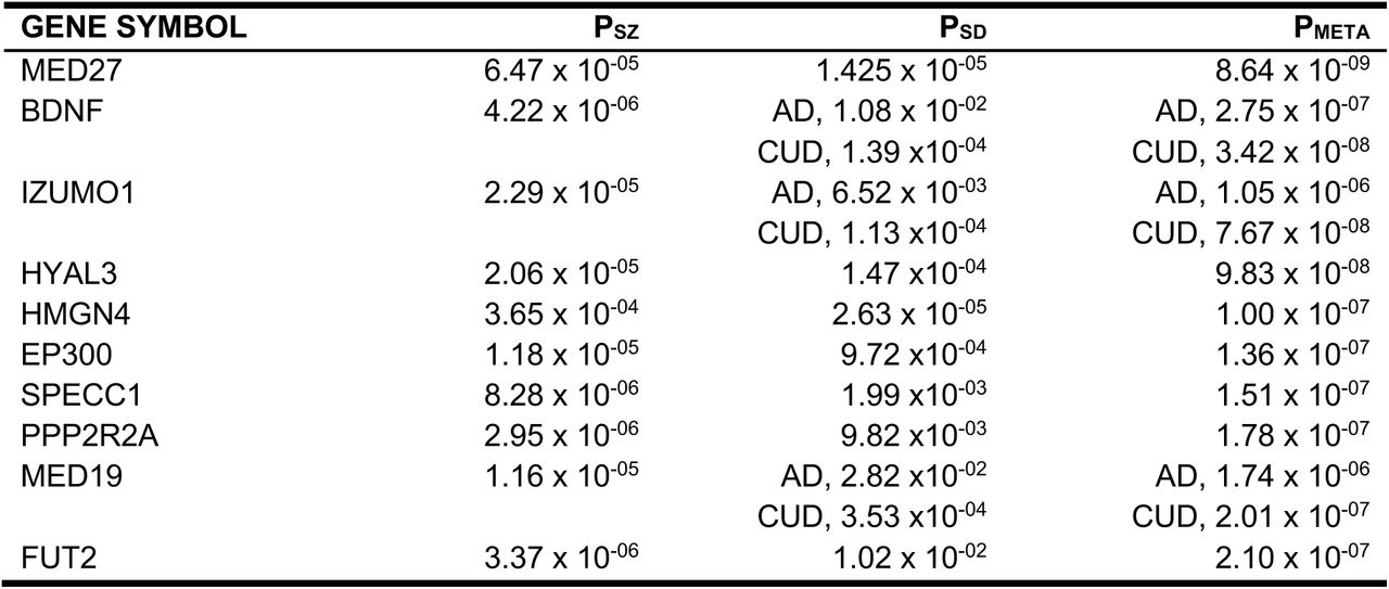 The top ten significantly associated genes observed in the schizophrenia and substance dependence (AD, CUD, ND, and OD) MAGMA meta-analyses that were nominally significant (P<0.05) in the individual analysis but did not pass multiple testing corrections.