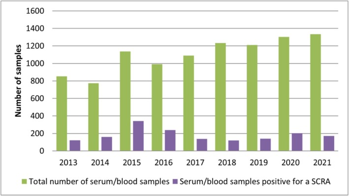 Annual total number of analysed serum/blood samples (green) compared to the number of samples containing at least one synthetic cannabinoid receptor (SCRA) (purple); study period: 2013–2021.
