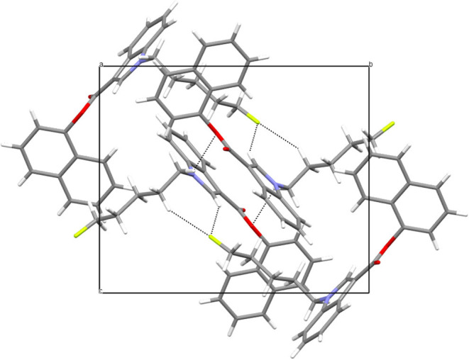 Crystal packing and short interactions in the crystal structure of NM-2201. View along [100] direction.