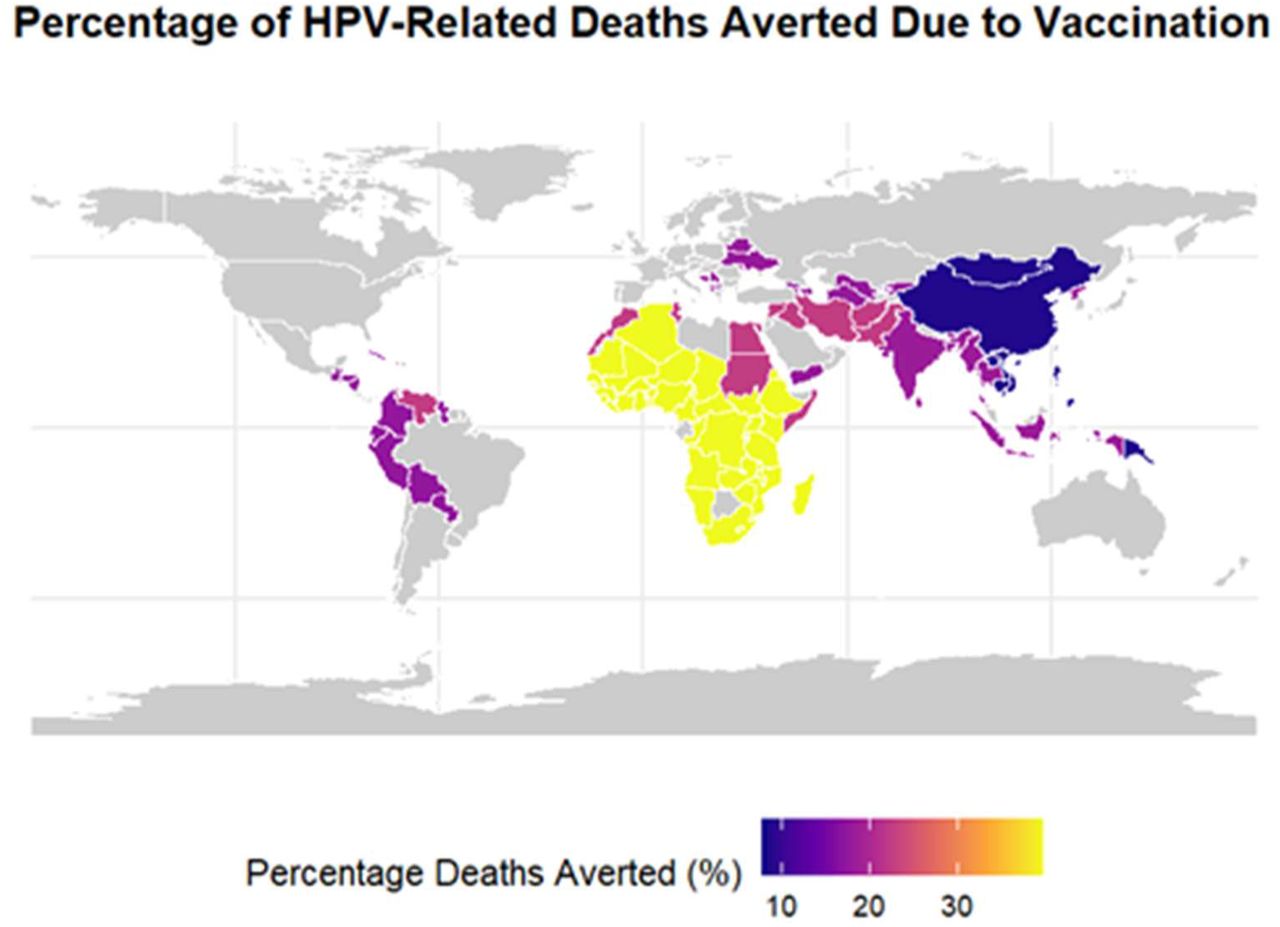Geographic distribution of reduction in anal, oropharyngeal, vaginal, and vulvar cancer deaths due to HPV vaccination.