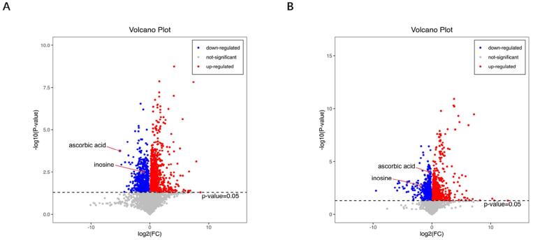 Volcano plot. (A) Core plot of univariate statistical analysis results in the positive mode; (B) Score plot of univariate statistical analysis results in the negative mode. Red and blue origins represent significantly upregulated and downregulated metabolites in the experimental group, respectively; gray points represent non-significant metabolites.