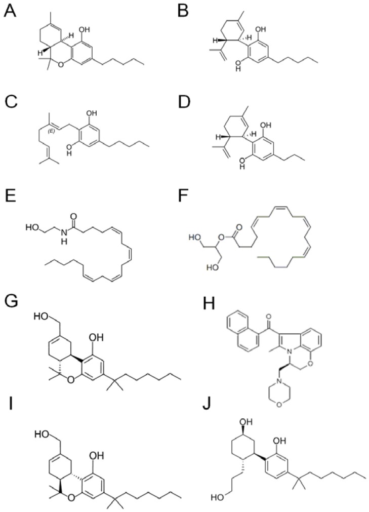 Cannabinoid structures. (A) Delta9-tetrahydrocannabinol (delta9-THC); (B) cannabidiol (CBD); (C) cannabigerol (CBG); (D) cannabidivarin (CBDV); (E) anandamide (AEA); (F) 2-arachidonyl glycerol (2-AG); (G) HU210; (H) WIN55, 212-2; (I) HU211; (J) CP55940; (A)–(D) natural cannabinoids; (E) and (F) endocannabinoids; (G)–(J) synthetic cannabinoids.