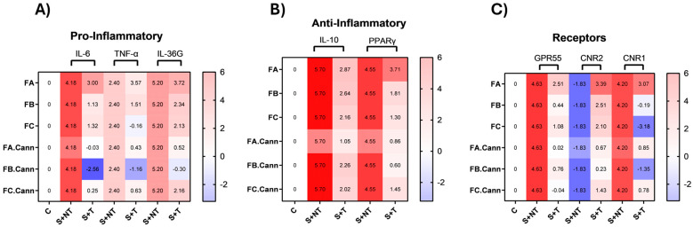 Gene expression heat maps in PMA-induced HaCaT cells. Heat maps illustrating the expression levels of pro-inflammatory (A), anti-inflammatory (B), and cannabinoid receptor (C) genetic markers in HaCaT keratinocyte cells subjected to PMA-induced stress, following treatment with FA, FB, FC, FA.Cann, FB.Can, and FC.Cann. Gene expression changes are shown as average Log2(fold change) values (n = 2) relative to the non-stimulated control (C), with the following: C: Control group (unstimulated; untreated); S+NT: stressed (PMA-induced); non-treated group; S+T: stressed and treated group. Color scale: Red indicates gene upregulation, while Blue reflects downregulation. Normalization was performed using 18S rRNA as the internal housekeeping gene.