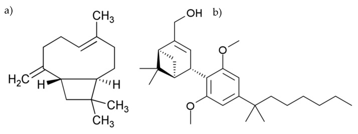 Chemical structures of (a) Beta-Caryophyllene and (b) HU308.