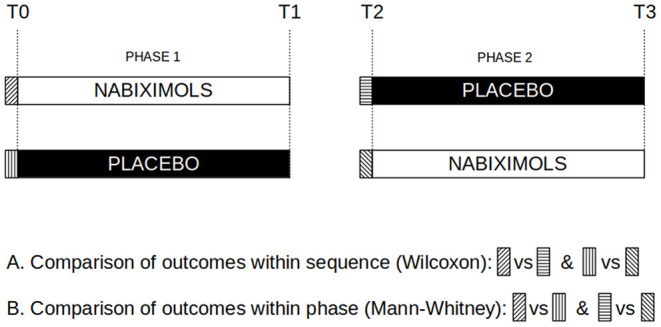 Risk of bias assessment. Graphical representation of assessments to compares outcomes within sequence (T0 vs. T2) and within phase (nabiximols vs. placebo at T0 and T2).