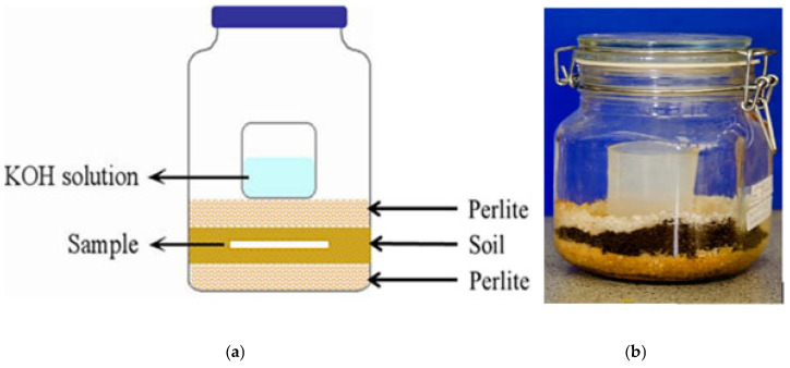 (a) A schematic diagram of the biodegradation set-up; (b) biometer flask respirometric system used for studying the biodegradation of footbed materials in soil conditions.
