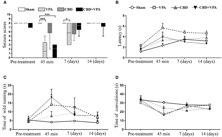 Effects of VPA and CBD on the seizure intensity, latency, and duration of wild-running and convulsion phases. (A) Box plot summarizing the categorized seizure-index score in each experimental group on the baseline condition (pre-treatment), after acute treatment (45 min), as well as 7 and 14 days after chronic administrations. In each box plot, the horizontal line crossing the box is the median. Asterisks indicate significant differences between experimental groups (*p < 0.05, ***p < 0.001). (B–D) Graphs showing the duration (in seconds) for the seizure latency (B), the wild-running phase (C), and the convulsion phase (D) in each experimental group on pre-treatment condition and 45 min, 7 days, and 14 days post-treatment. GASH/Sal animals with complete elimination of audiogenic seizures (seizure scores = 0) were not graphed in (B–D) as the variable time was unable to be assessed.