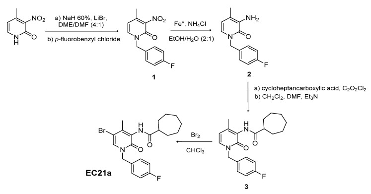 Synthesis of N-[5-bromo-1,2-dihydro-1-(4′-fluorobenzyl)-4-methyl-2-oxo-pyridin-3yl] cycloheptanecarboxamide (EC21a).