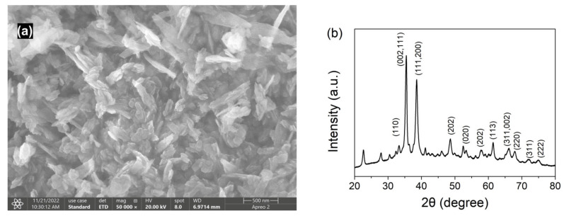 (a) SEM image of CuO nanoparticles; (b) XRD pattern of CuO nanoparticles.