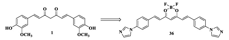 Chemical structure of curcumin (1) and its analogue 36 with a remarkable effect of reducing Aβ levels in in vitro and in vivo models.