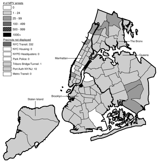Marijuana in Public View Arrests by NYPD Precinct in 1993 (n = 1,082).