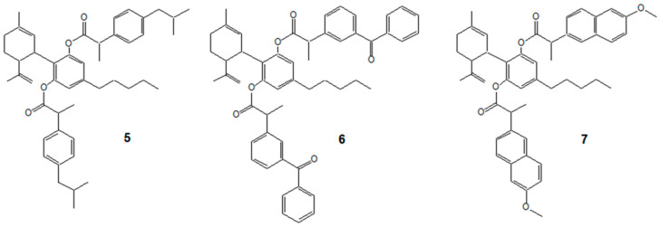 Chemical formulas of CBD-NSAID molecular consortia (5–7) obtained.
