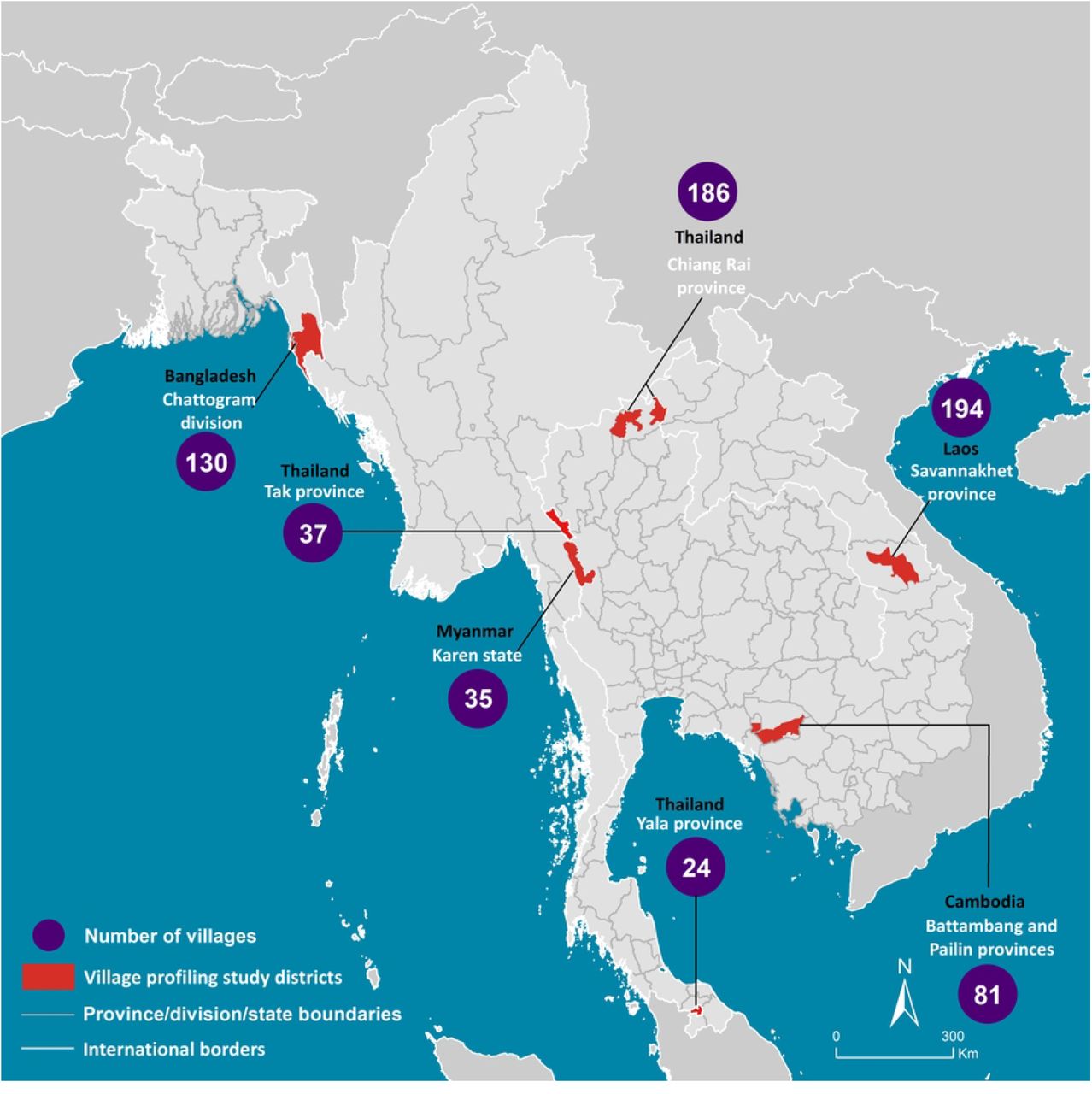 Locations of study sites in the South and Southeast Asian Community-based Trials Network and the number of villages profiled at each site.