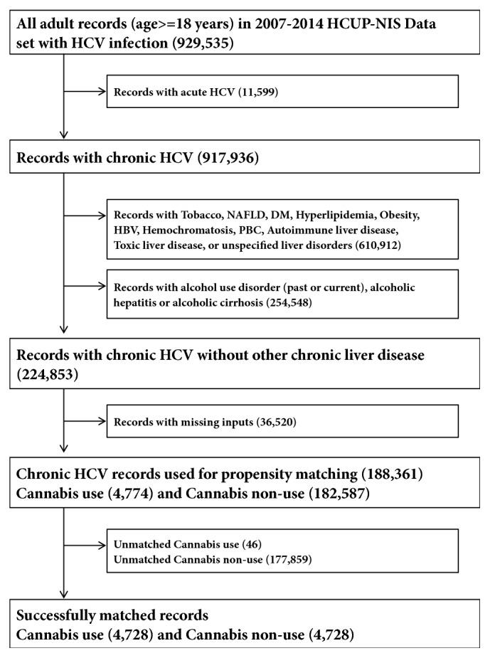 Selection flow chart of study populations. Illustrative flow chart of how our study population was grouped for statistical analysis to determine the impact and disease outcomes among HCV infected individuals who use cannabis.