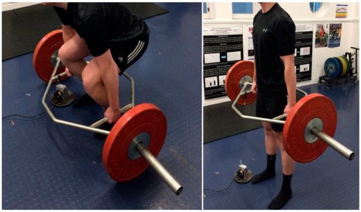 Demonstration of the hexagonal barbell deadlift technique, from the beginning (left) to the end of the concentric phase of the lift (right).